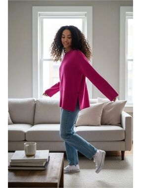Gap Cotton Crewneck Ribbed Hem Side Slit Sweater Women XL Pink